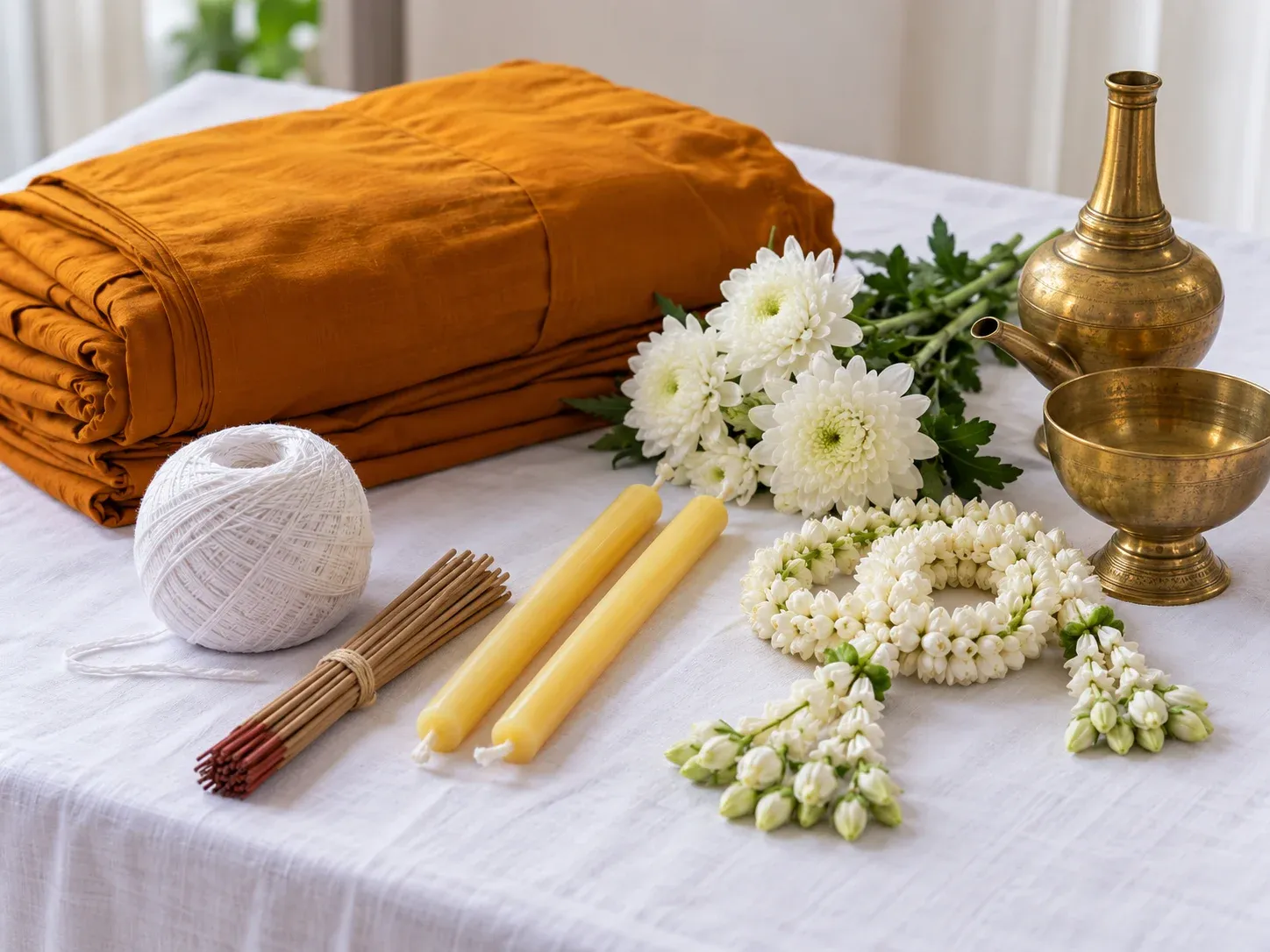 ของเตรียมทำบังสุกุล ผ้าไตร ม้วนสายสิญจน์ ดอกไม้ ธูป เทียน และที่กรวดน้ำทองเหลืองบนโต๊ะ