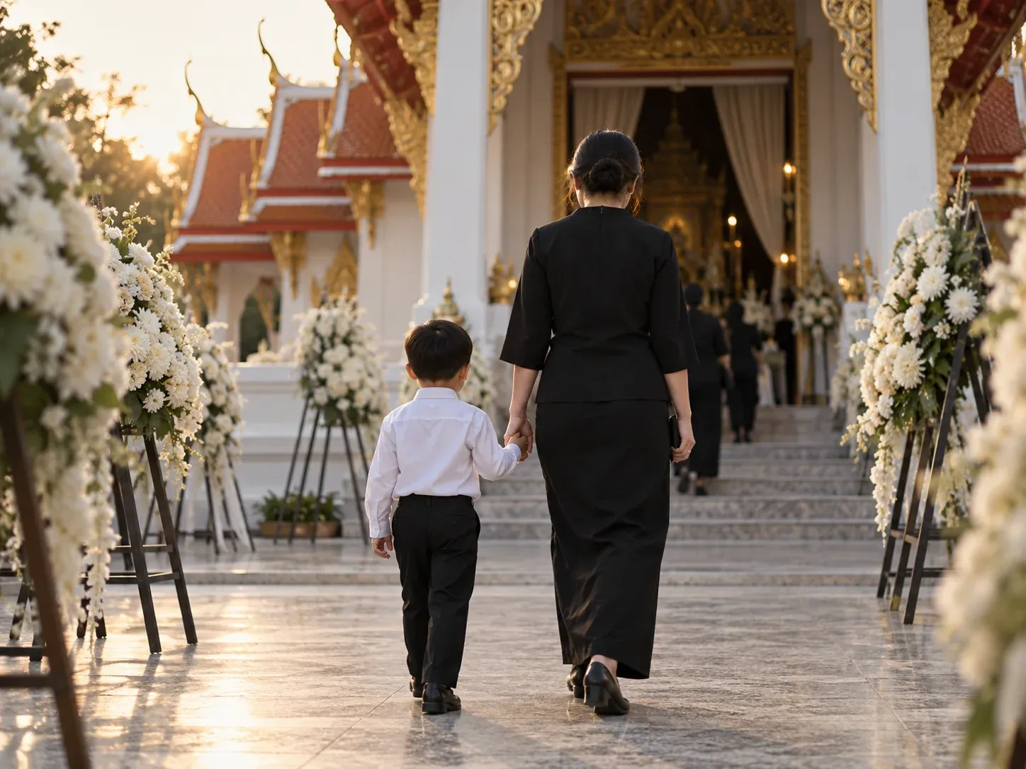 เด็กเสื้อขาวจับมือผู้ใหญ่ชุดดำเดินเข้าศาลาวัดไทยที่มีพวงหรีดดอกไม้สีขาวตั้งอยู่