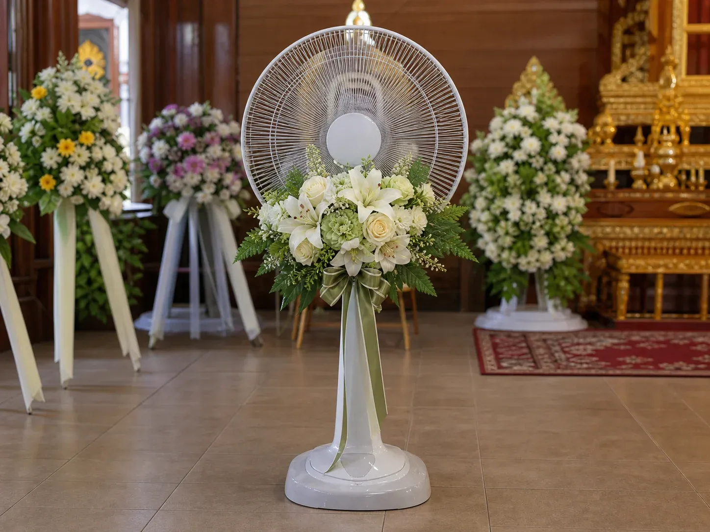 พวงหรีดพัดลมตกแต่งดอกไม้ประดิษฐ์ตั้งเรียงในศาลาวัด มีพัดลมอยู่ตรงกลางพวง