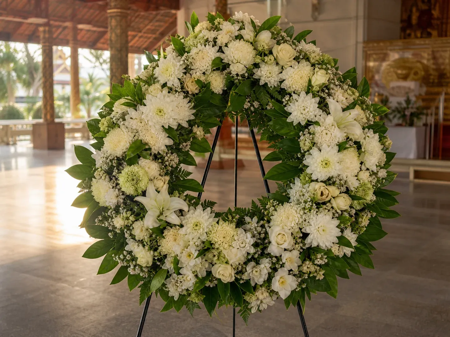 พวงหรีดดอกไม้สดโทนขาวเขียวตั้งอยู่หน้าศาลาวัดในแสงบ่าย เห็นกลีบดอกจริงชัด