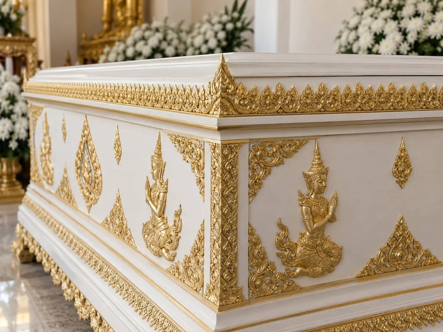 ลายเทพพนมสีทองที่มุมโลงศพแบบไทยสีขาว ถ่ายระยะใกล้ในศาลาวัด