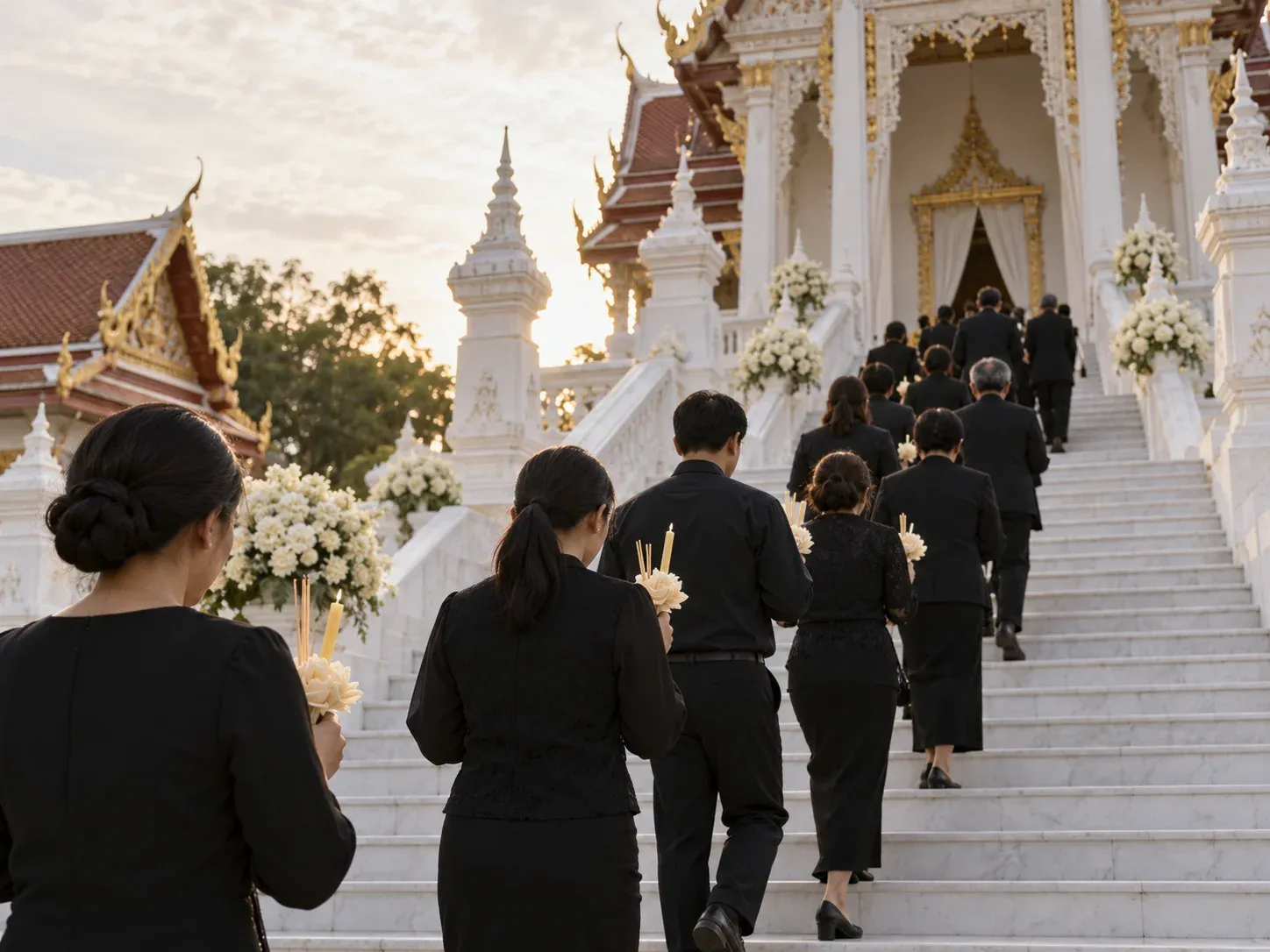 แขกชุดดำเดินขึ้นบันไดเมรุถือดอกไม้จันทน์ มองจากด้านหลัง
