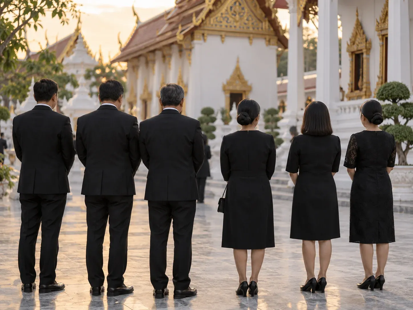 แขกชายหญิงแต่งชุดสุภาพสีดำยืนเรียงแถวในลานวัดไทย มองจากด้านหลัง