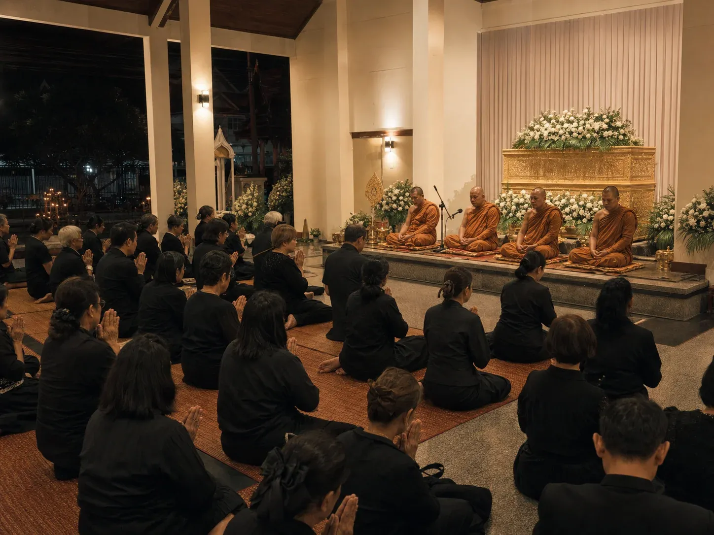 ภายในศาลาวัดไทยระหว่างพิธีสวดอภิธรรม แขกนั่งพนมมือฟังพระสงฆ์สวดอยู่ด้านหน้า