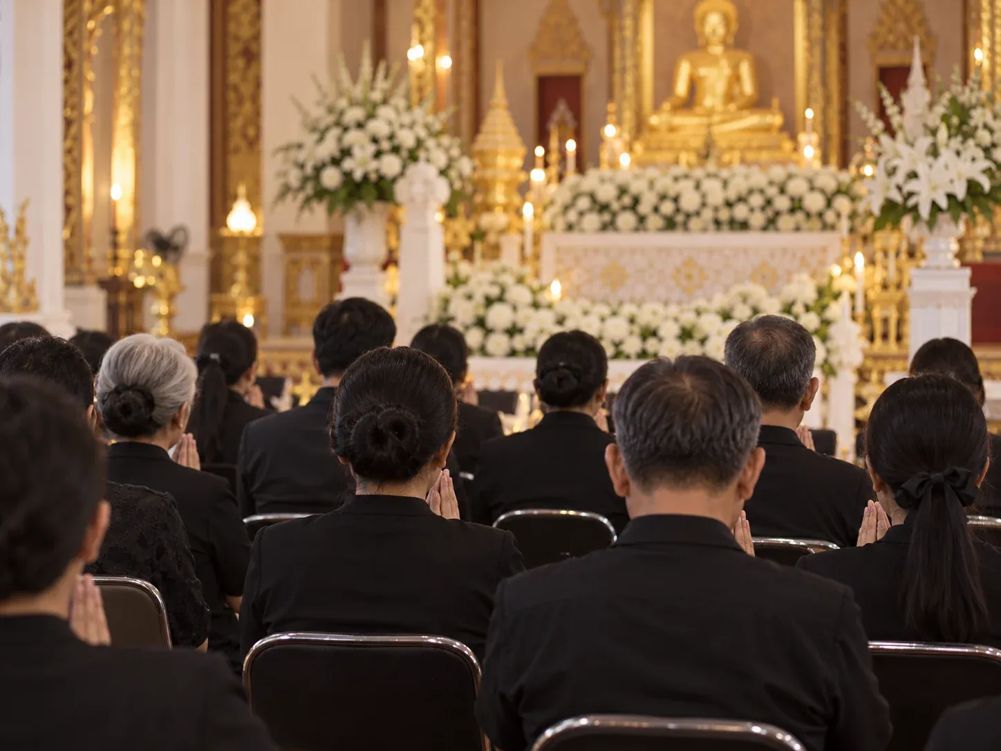แขกชุดดำนั่งเก้าอี้เป็นแถวประนมมือฟังพระสวดในศาลาวัดไทย มองจากด้านหลัง