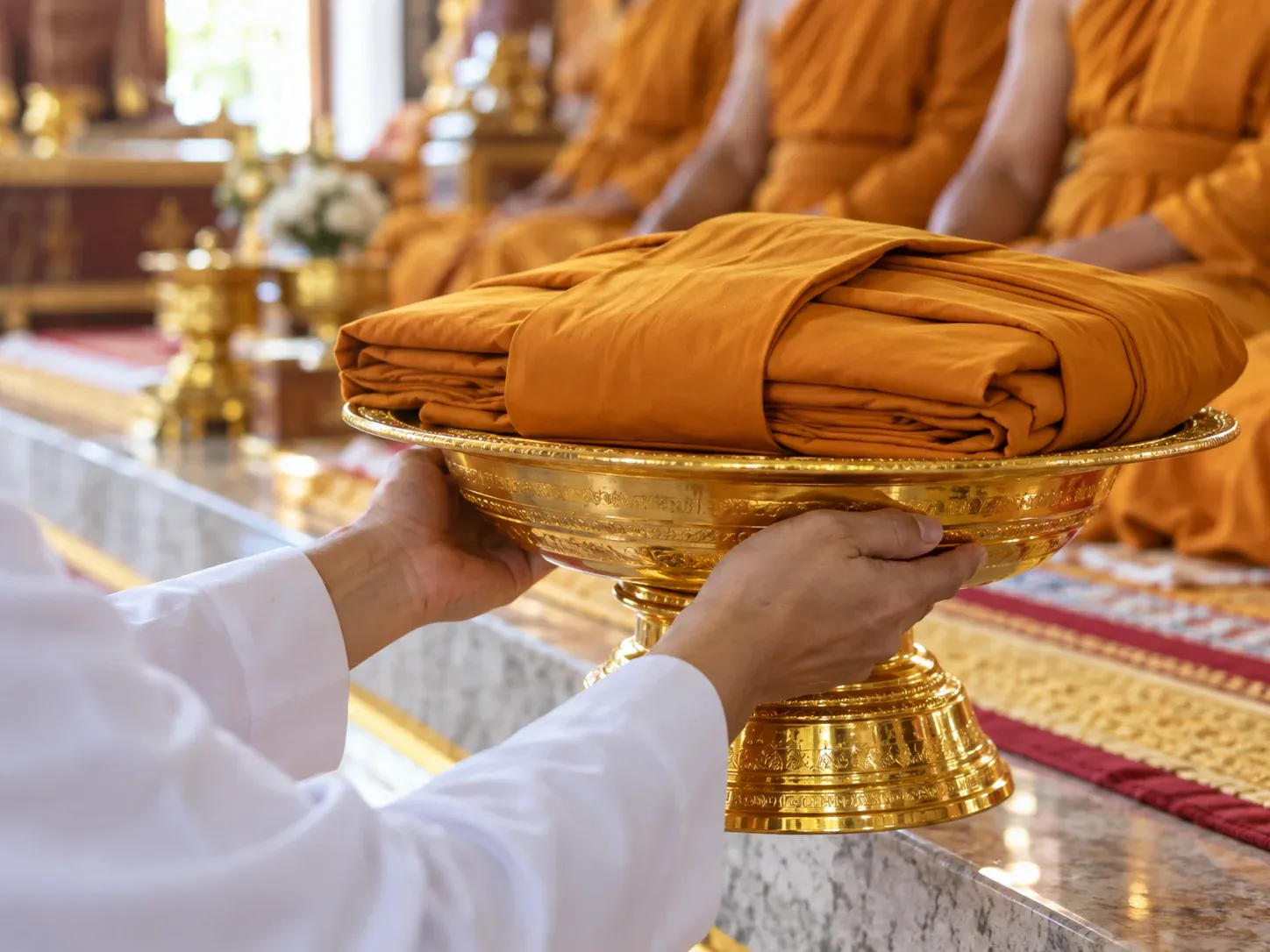 มือสองข้างประคองพานทองวางผ้าไตรสีเหลือง ยกถวายต่อหน้าพระสงฆ์ที่นั่งเรียงบนอาสนะ