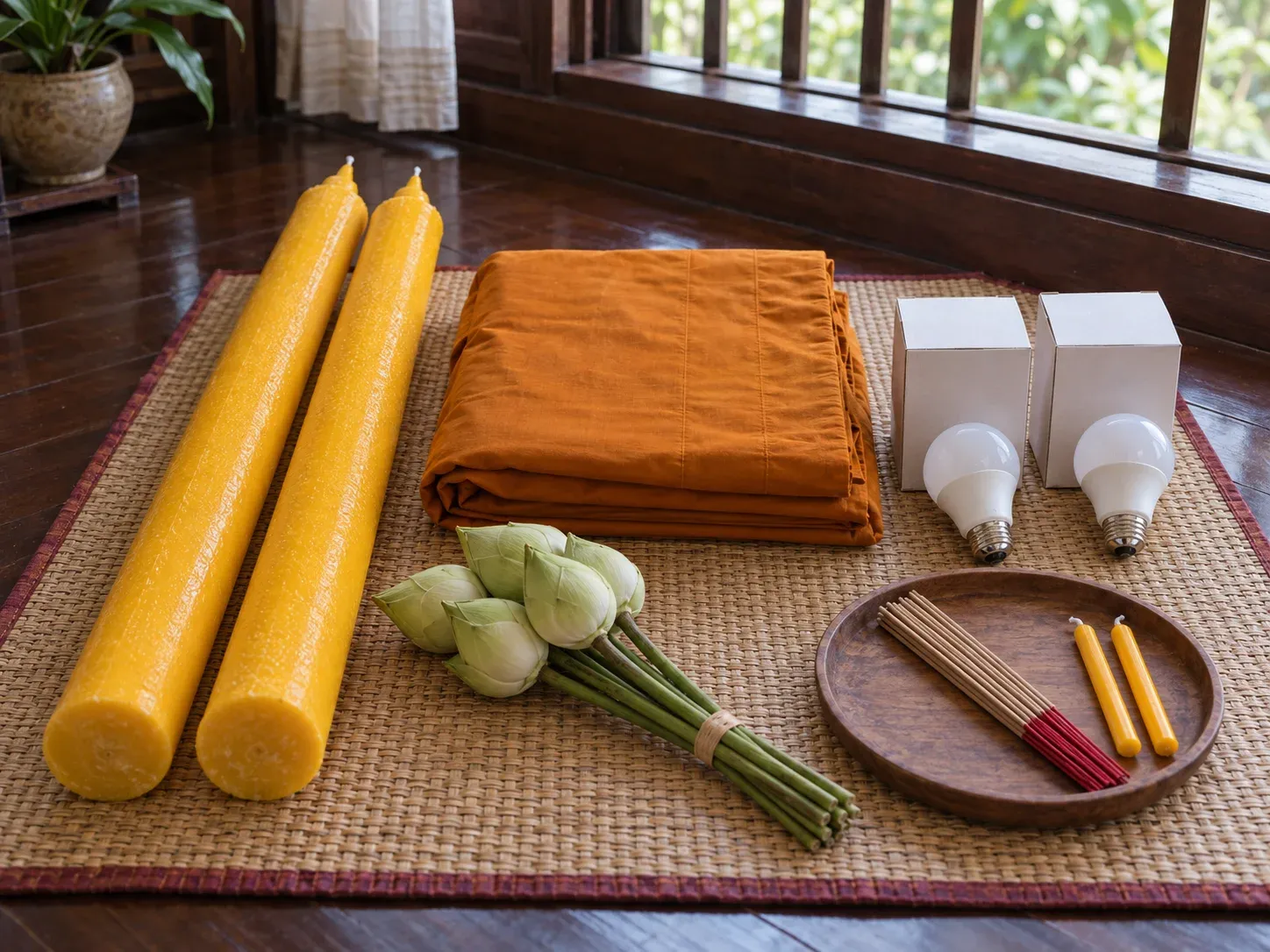 ของถวายเข้าพรรษาบนเสื่อ มีเทียนพรรษาหนึ่งคู่ ผ้าอาบน้ำฝนพับ หลอดไฟในกล่องเปล่า ดอกบัว และธูปเทียน