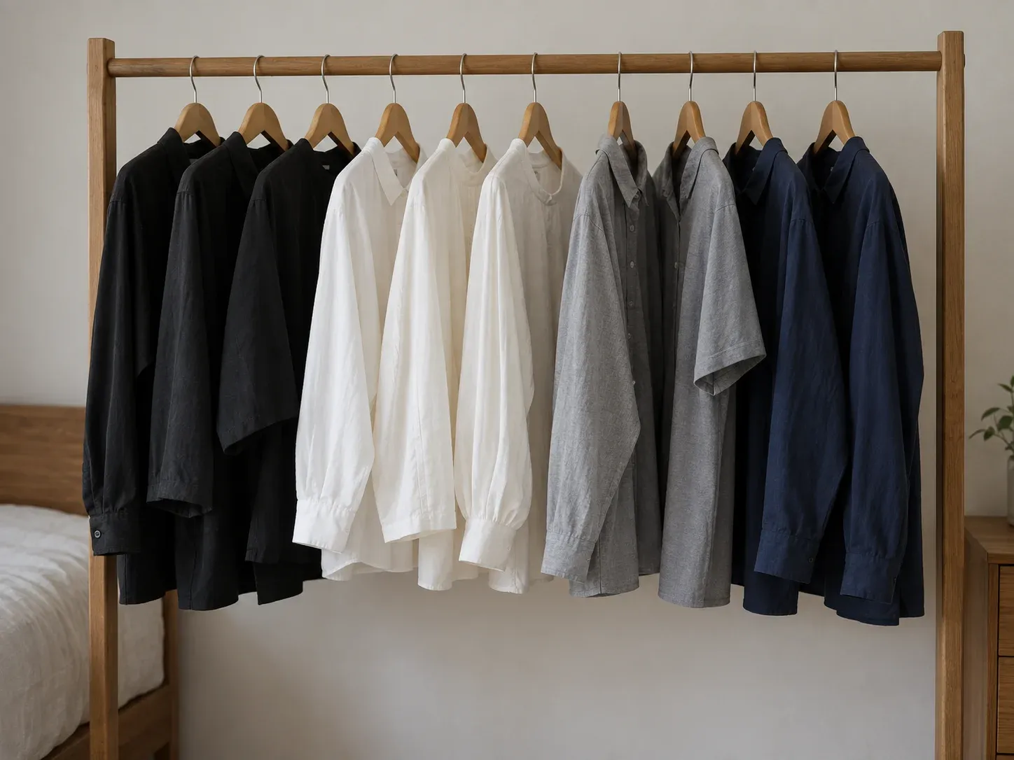 เสื้อผ้าสีดำ ขาว เทา และกรมท่า แขวนเรียงบนราวไม้ เป็นโทนสีสุภาพที่ใส่ไว้ทุกข์ได้