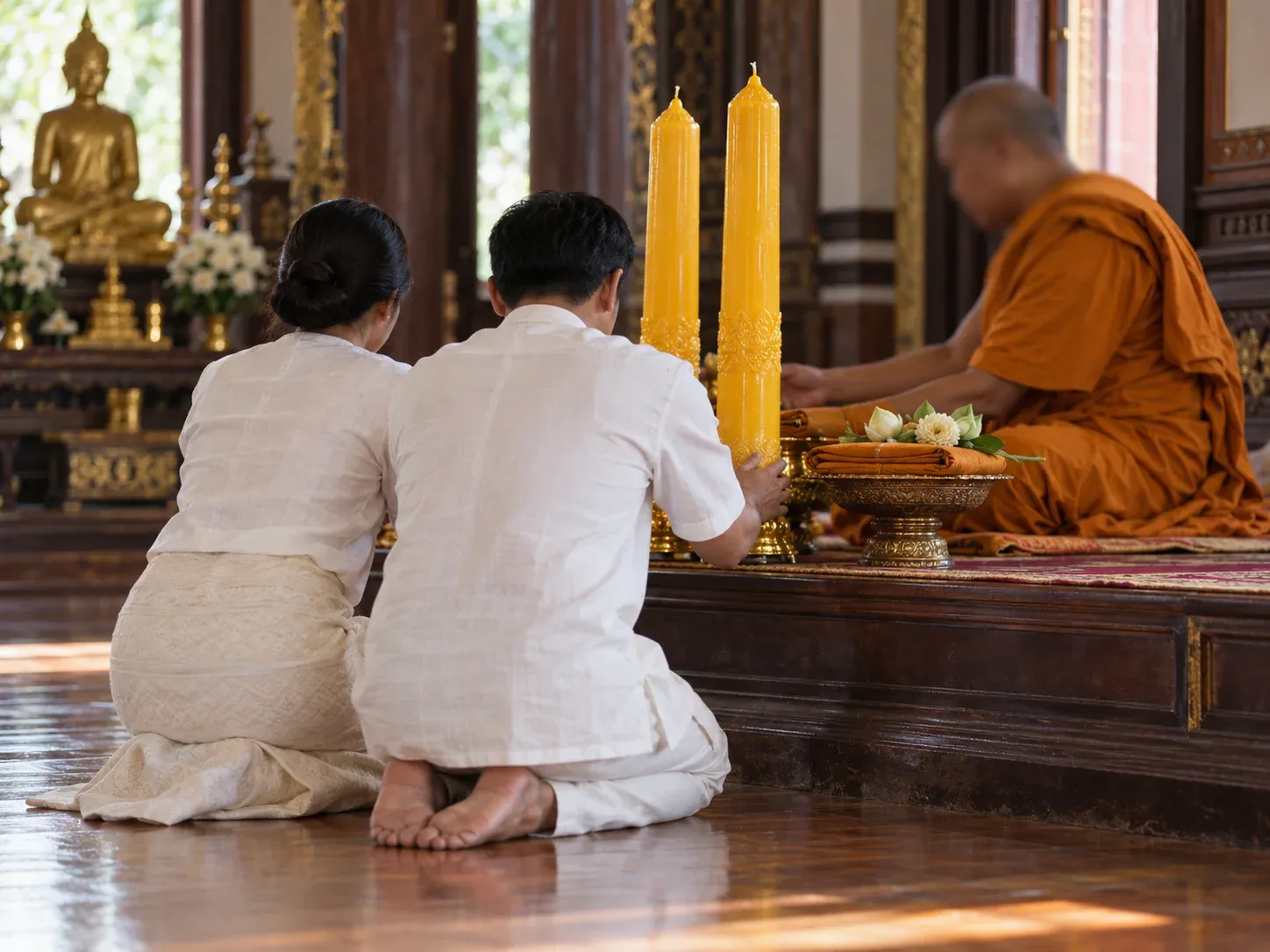 ชาวบ้านนั่งพับเพียบประเคนเทียนพรรษาหนึ่งคู่แด่พระสงฆ์ไทยห่มจีวรสีเหลืองส้มในศาลาวัด