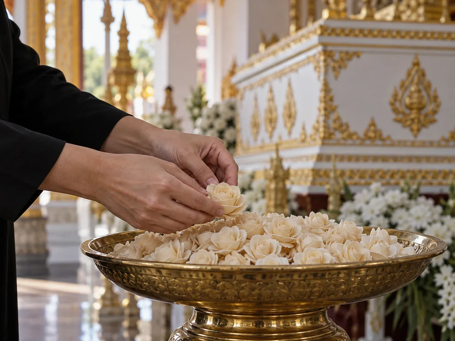 มือของแขกในชุดดำกำลังวางดอกไม้จันทน์สีงาช้างลงในพานที่เต็มไปด้วยดอกไม้จันทน์