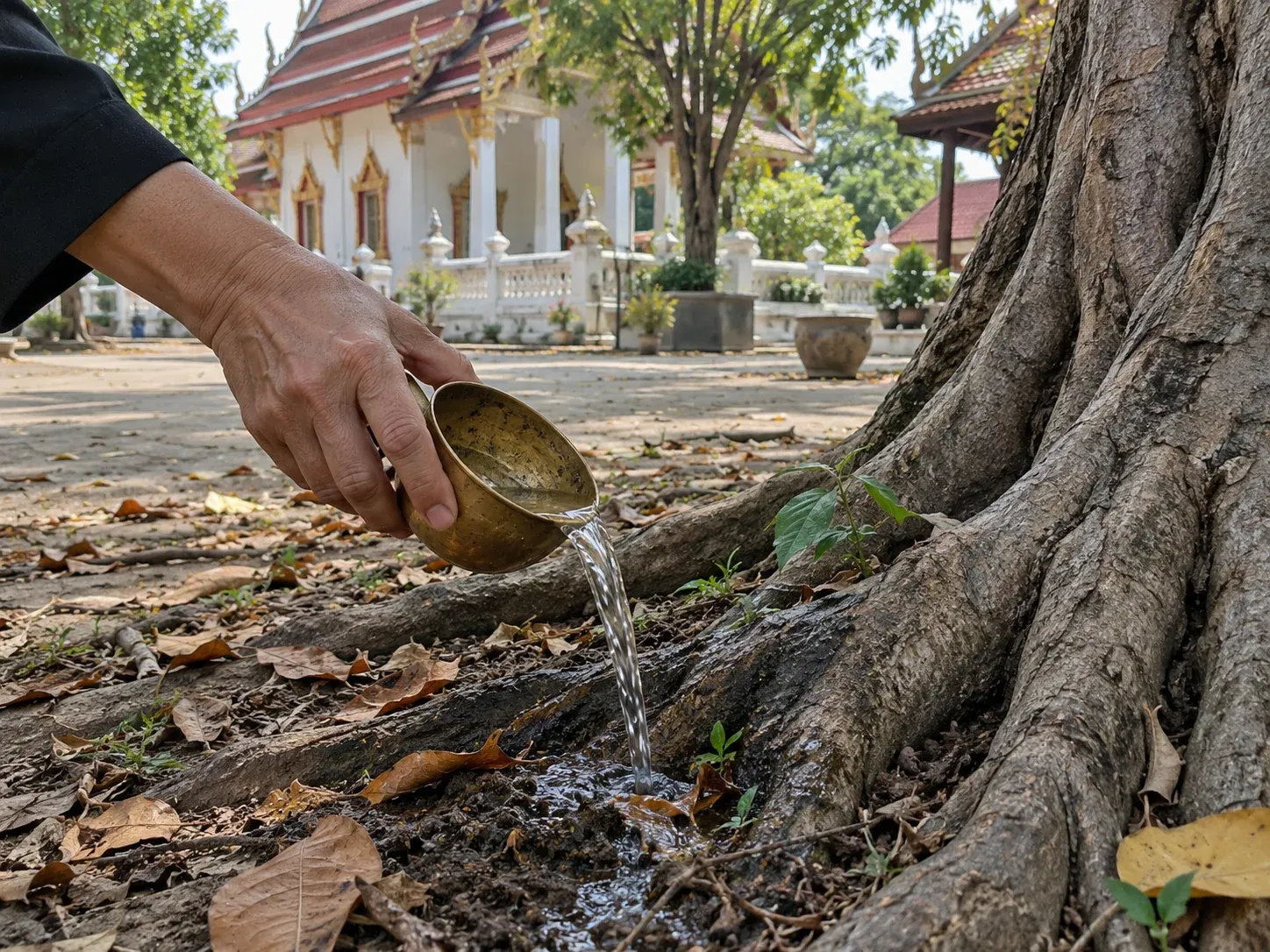 มือเทน้ำจากขันทองเหลืองใบเล็กลงที่โคนต้นไม้ใหญ่ในลานวัดไทย