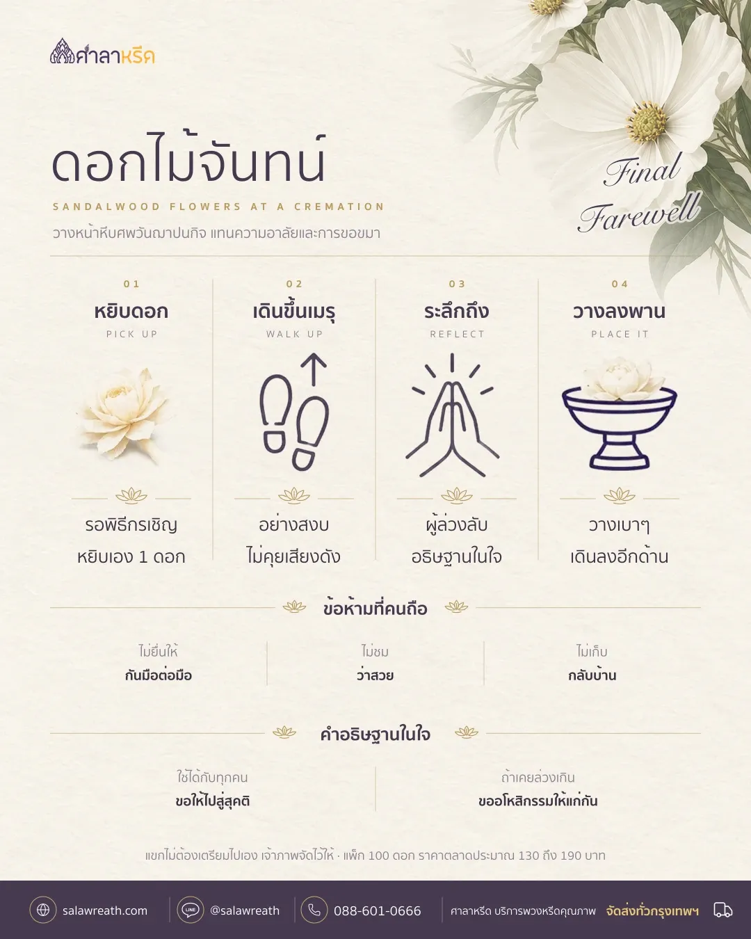 สรุปดอกไม้จันทน์ ความหมาย ขั้นตอนวาง 5 ข้อ คำอธิษฐาน ข้อห้ามที่คนถือ และราคาตลาดต่อแพ็ก