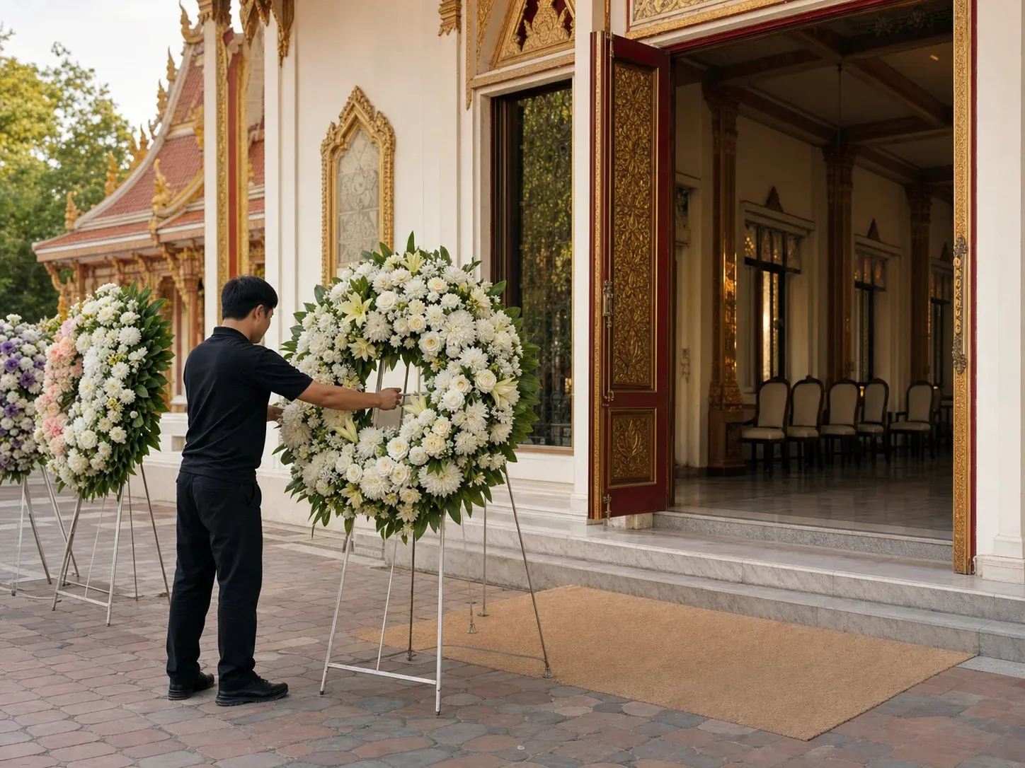 เจ้าหน้าที่กำลังยกพวงหรีดไปตั้งหน้าศาลาวัดในช่วงบ่ายแก่ ยังไม่มีแขกมาถึง