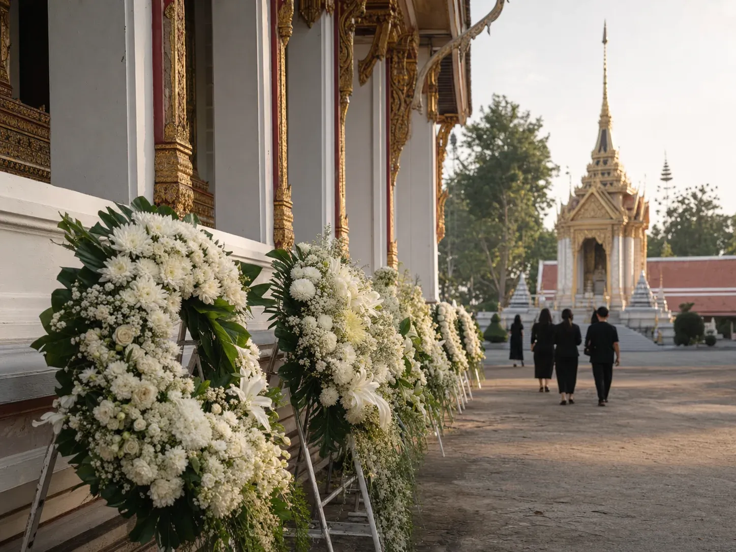 ศาลาวัดไทยในตอนเช้าของวันฌาปนกิจ มีพวงหรีดตั้งอยู่และคนทยอยมาถึง
