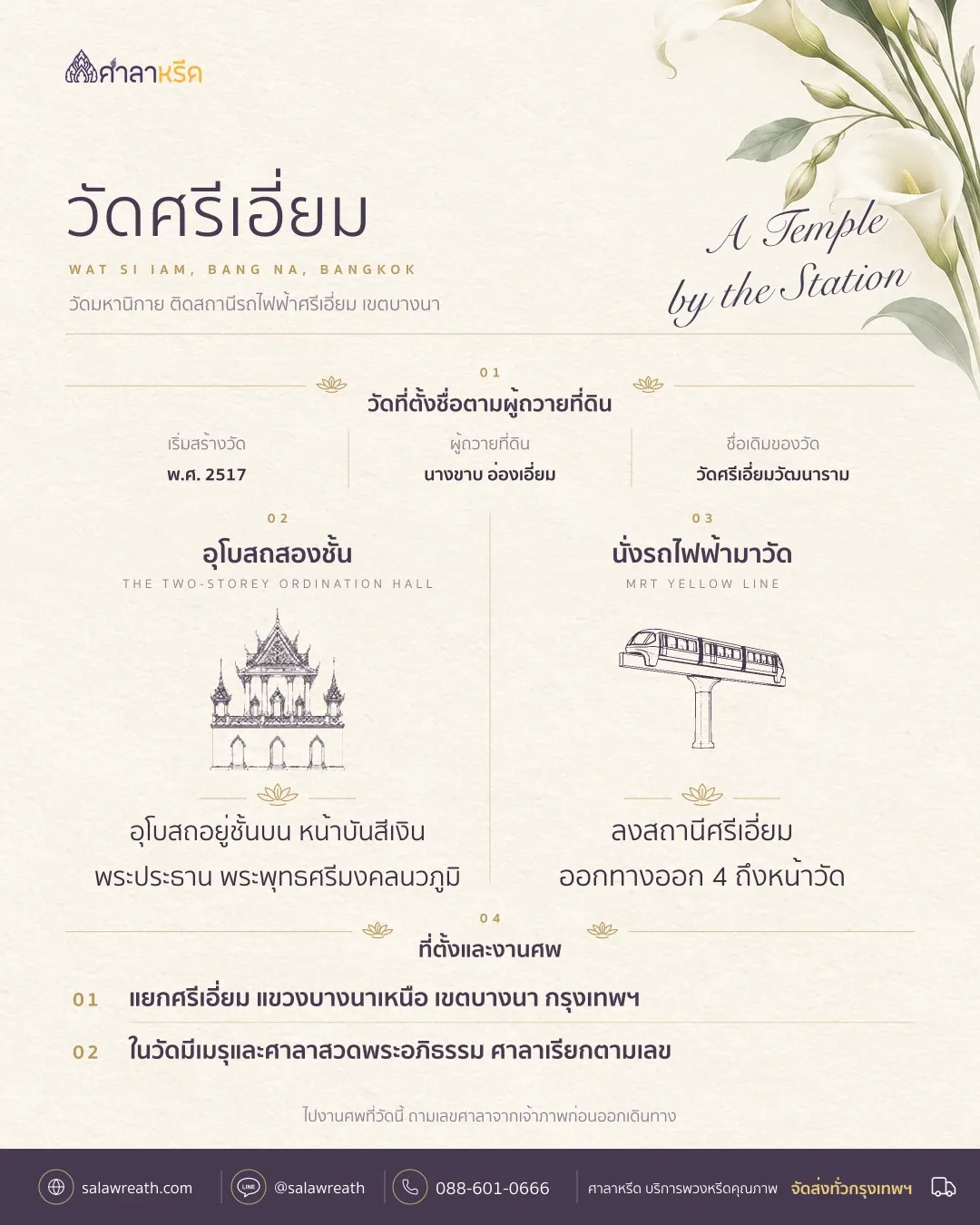 วัดศรีเอี่ยม แยกศรีเอี่ยม เขตบางนา เริ่มสร้าง พ.ศ. 2517 อุโบสถ 2 ชั้นหน้าบันสีเงิน ลง MRT สายสีเหลือง สถานีศรีเอี่ยม ทางออก 4