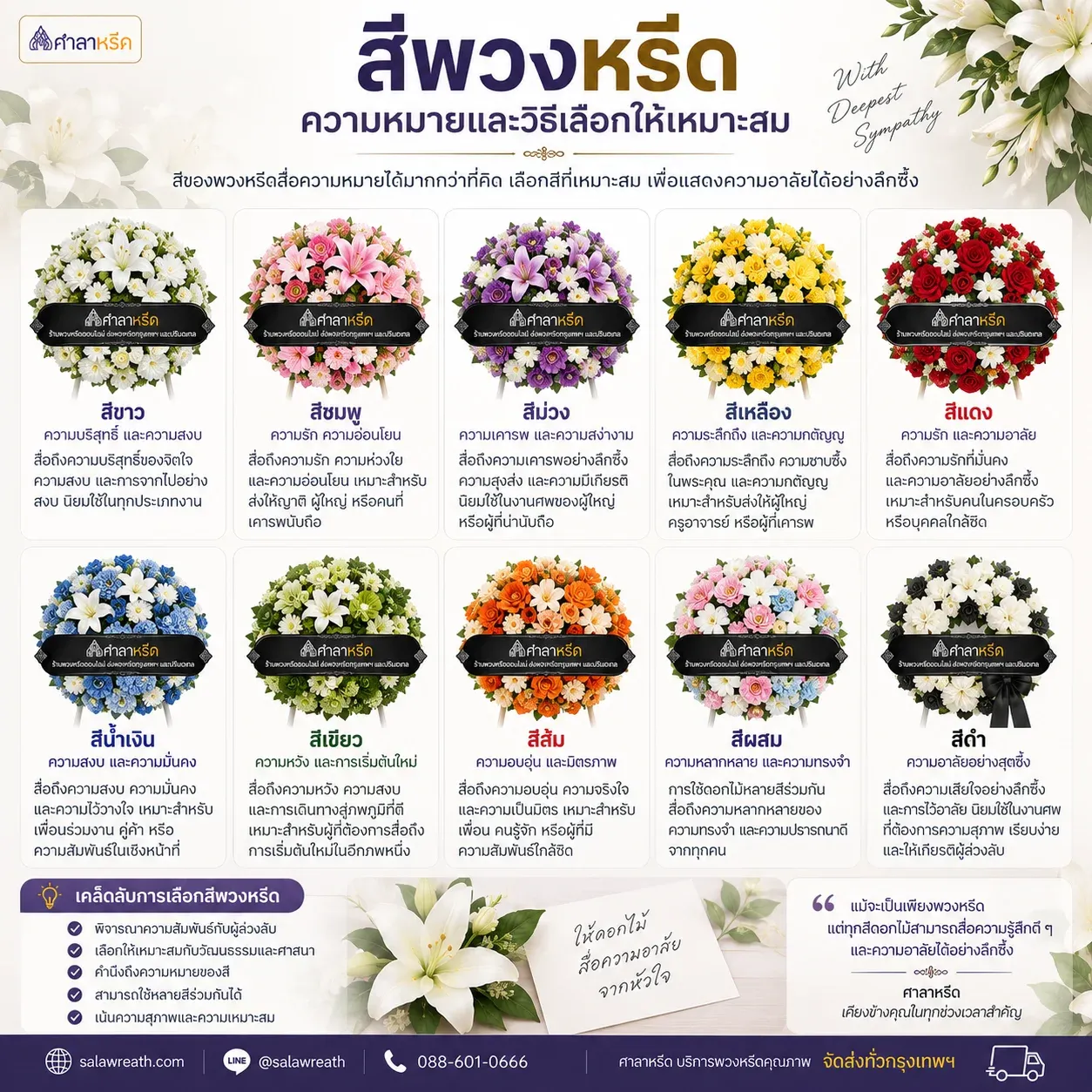 อินโฟกราฟิกสรุปว่าควรเลือกสีพวงหรีดสีอะไรตามความสัมพันธ์ ศาสนา และชนิดพวงหรีด