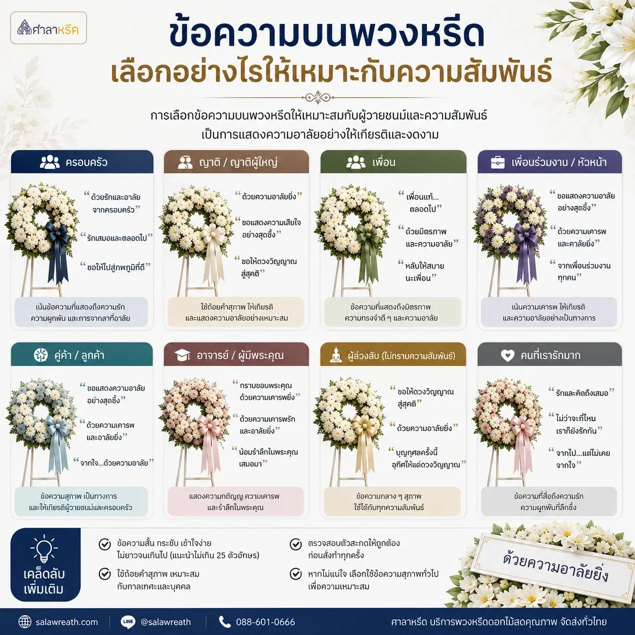 ตารางสรุปตัวอย่างข้อความพวงหรีด 8 กลุ่มความสัมพันธ์ ครอบครัว ญาติผู้ใหญ่ เพื่อน เพื่อนร่วมงาน คู่ค้า อาจารย์