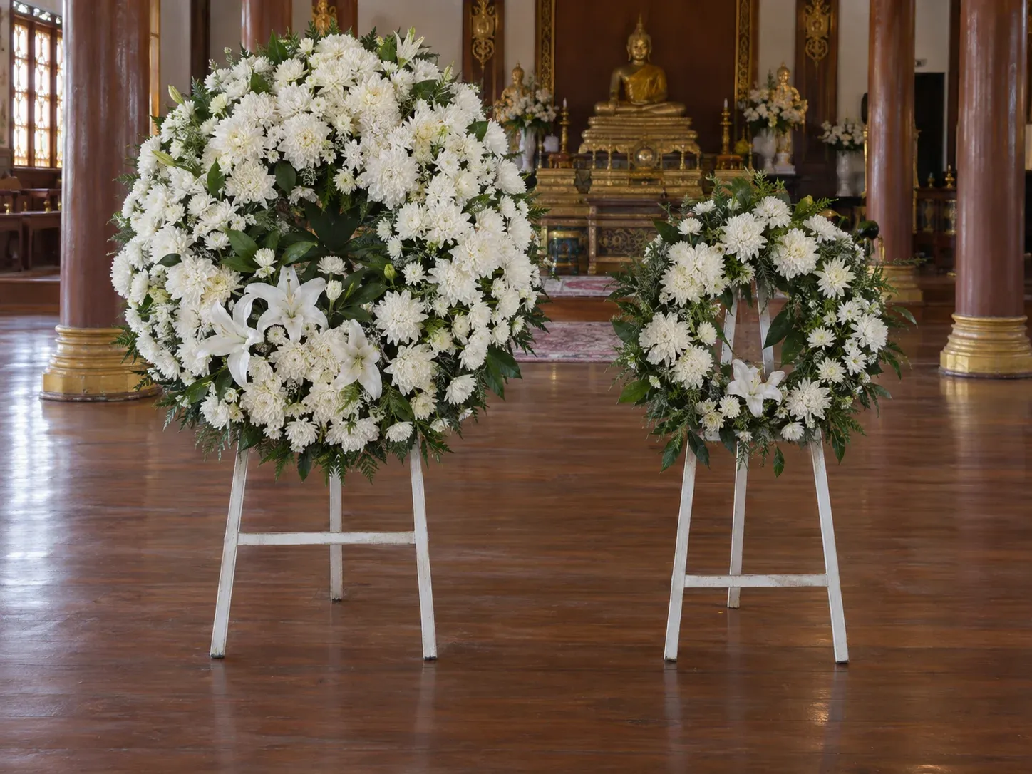 พวงหรีดดอกไม้สดสองพวงขนาดต่างกันตั้งข้างกันในศาลาวัด เห็นความหนาของดอกต่างกัน